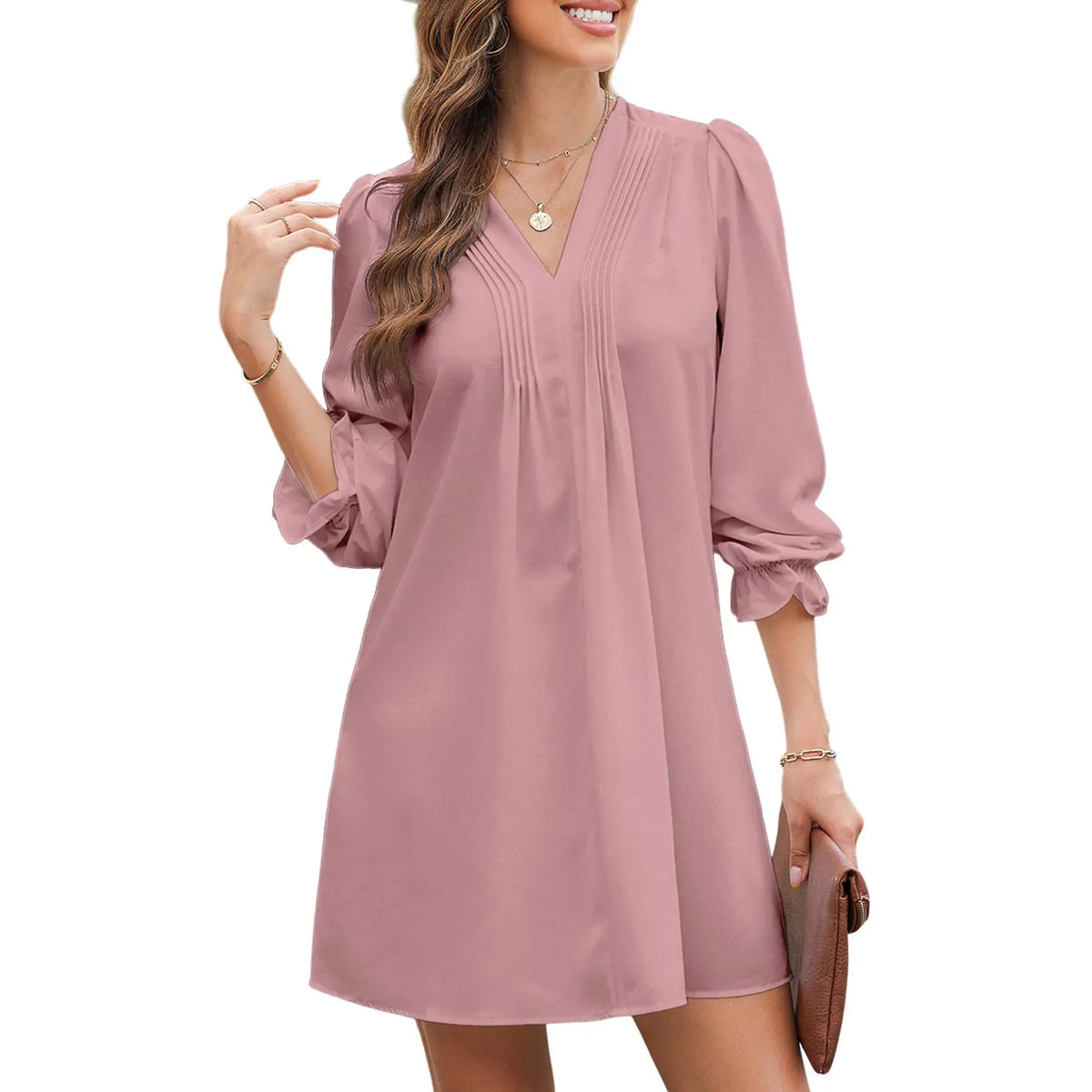 Women's Casual V-Neck A-Line Dress – Ruffle Sleeve Pleated Flowy Midi Dress