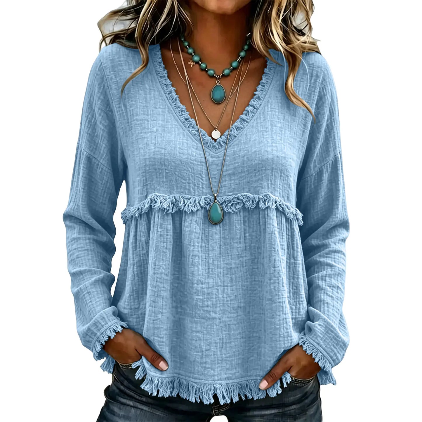 Women's Boho V Neck Long Sleeve Fringe Top Plus Size