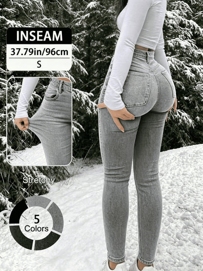 Women's 100% Cotton Elegant High-Waist Slim-Fit Button Fly Jeans