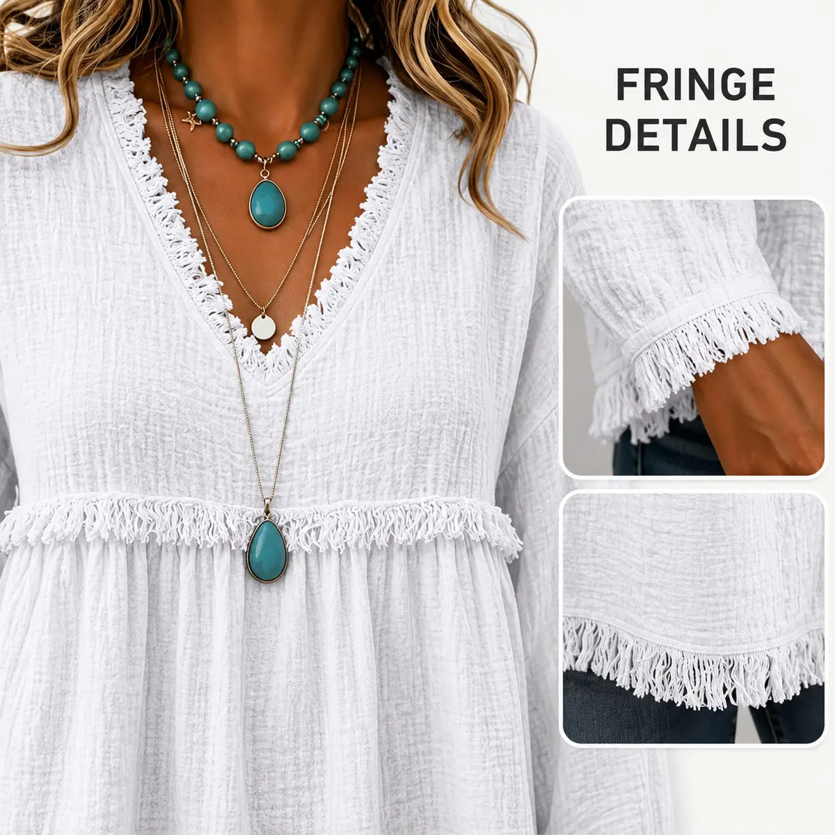 Women's Boho V Neck Long Sleeve Fringe Top Plus Size