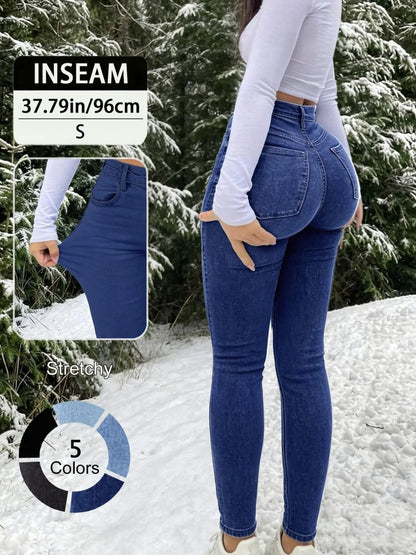 Women's 100% Cotton Elegant High-Waist Slim-Fit Button Fly Jeans