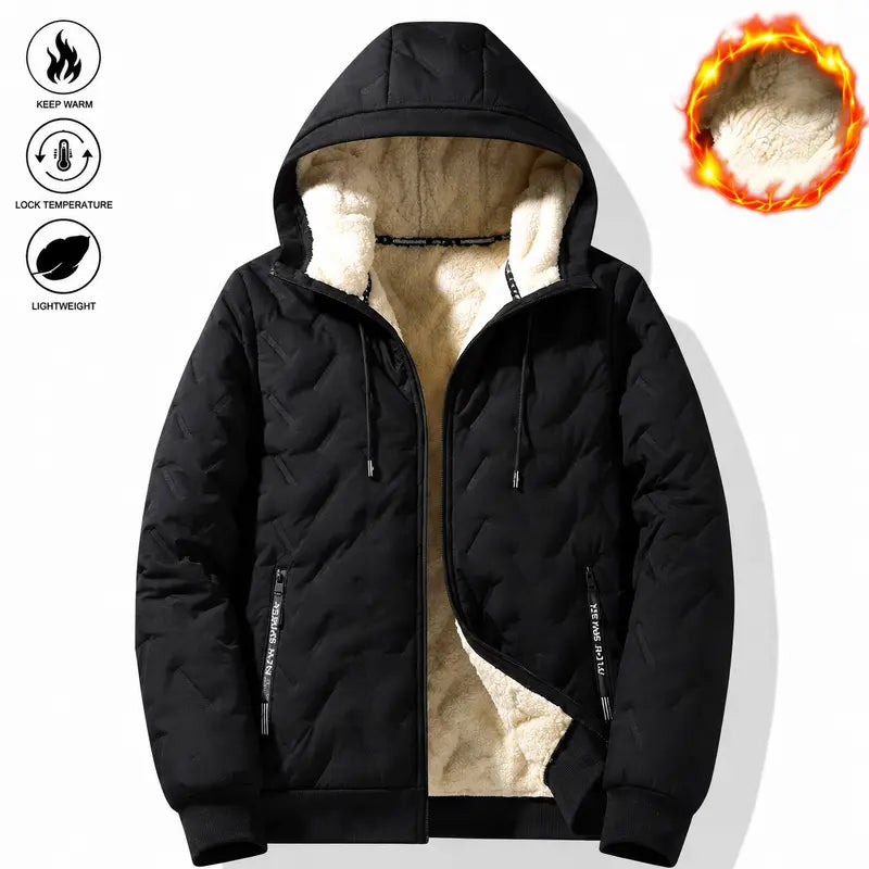 Men's Waterproof Windproof Fleece-Lined Hooded Jacket with Textured Fabric