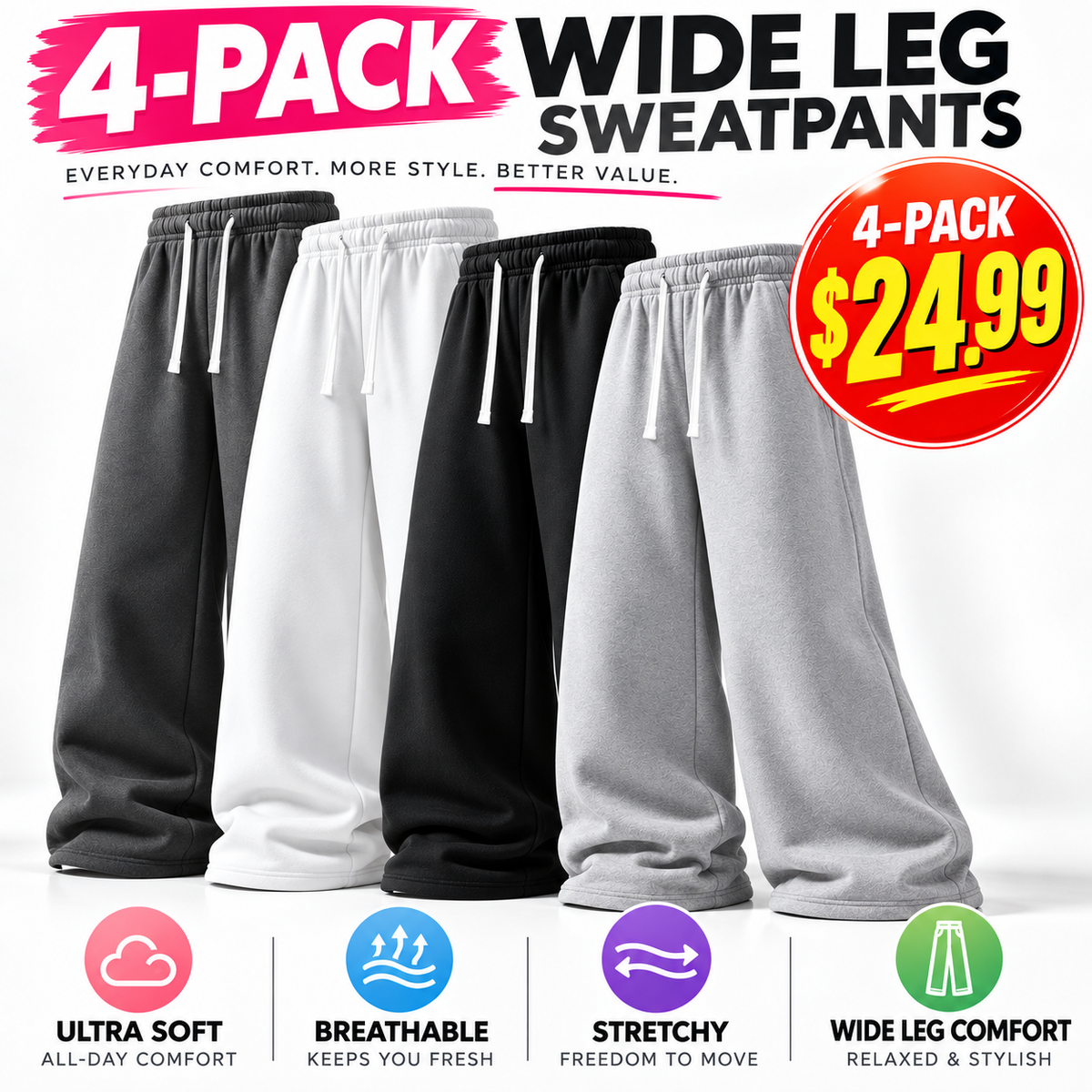 🔥 4-Pack Women's Ultra-Soft Wide-Leg Sweatpants ✨ Cozy, Comfy & Perfect for Everyday Wear!