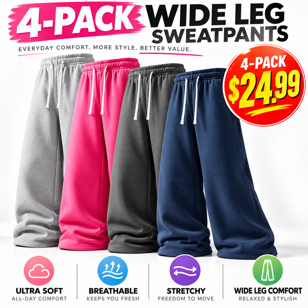 🔥 4-Pack Women's Ultra-Soft Wide-Leg Sweatpants ✨ Cozy, Comfy & Perfect for Everyday Wear!
