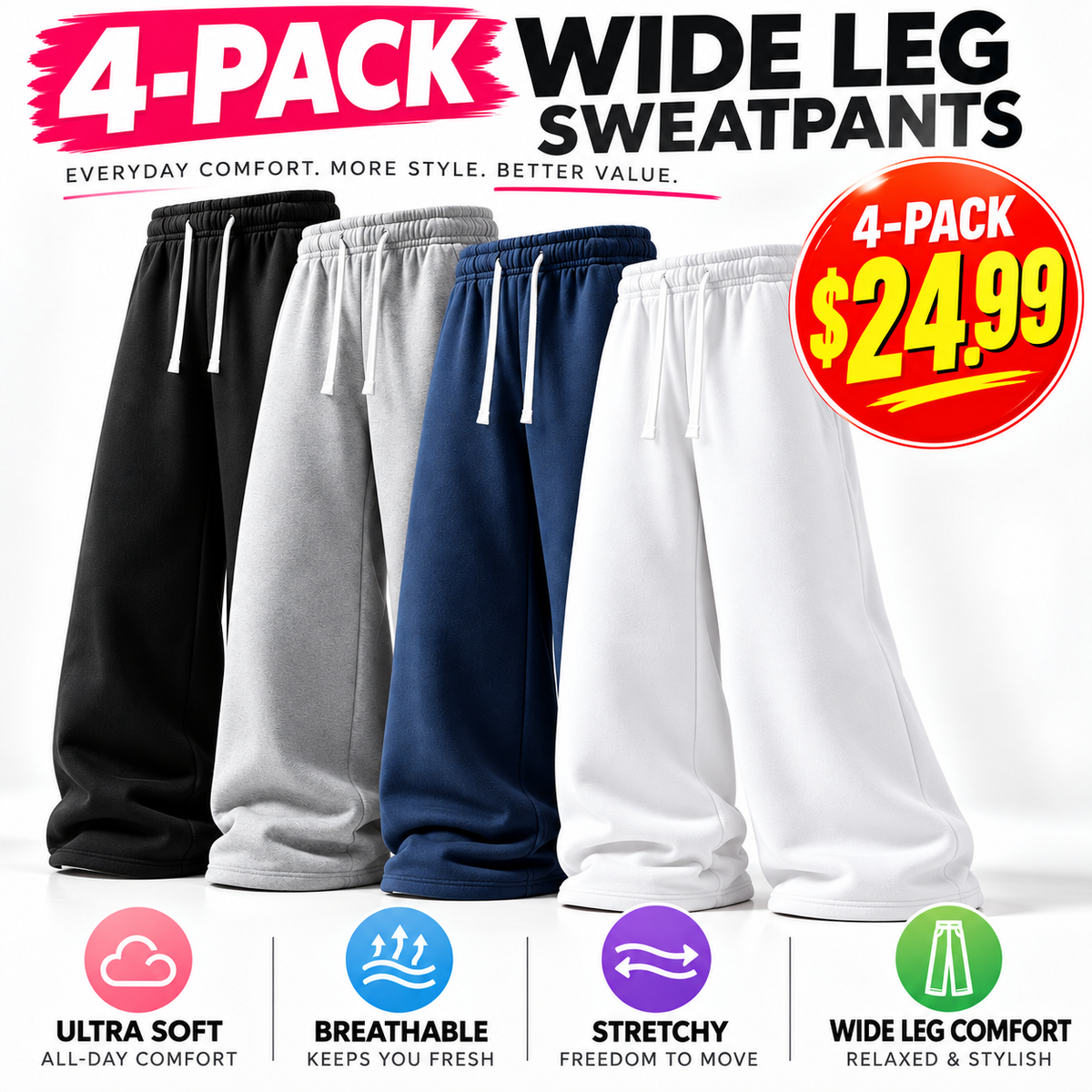 🔥 4-Pack Women's Ultra-Soft Wide-Leg Sweatpants ✨ Cozy, Comfy & Perfect for Everyday Wear!