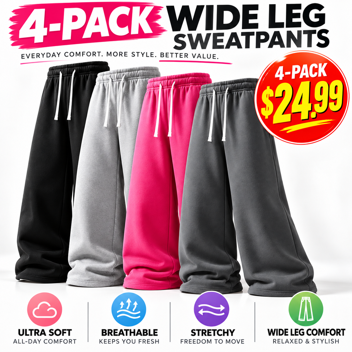 🔥 4-Pack Women's Ultra-Soft Wide-Leg Sweatpants ✨ Cozy, Comfy & Perfect for Everyday Wear!