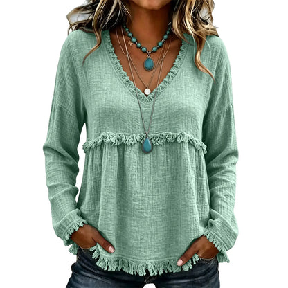 Women's Boho V Neck Long Sleeve Fringe Top Plus Size