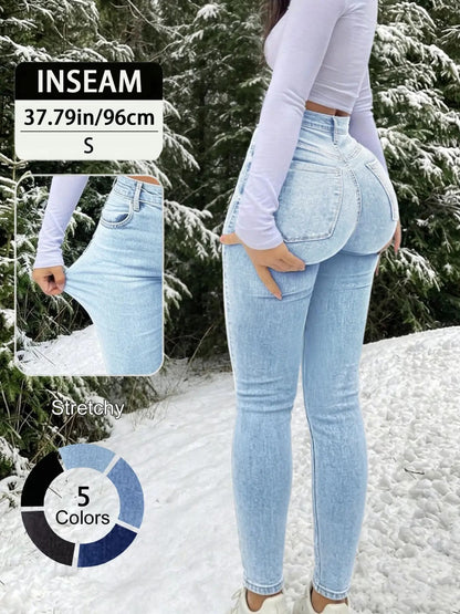 Women's 100% Cotton Elegant High-Waist Slim-Fit Button Fly Jeans