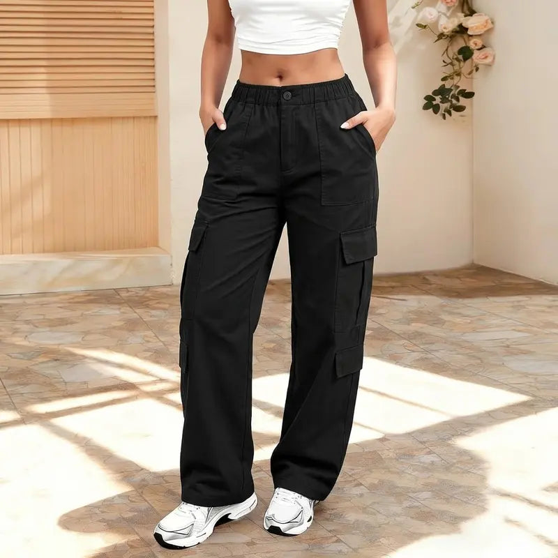 LAST DAY SALEWomen's Solid Straight Multi-Pocket Cargo Pants
