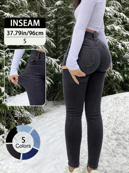 Women's 100% Cotton Elegant High-Waist Slim-Fit Button Fly Jeans