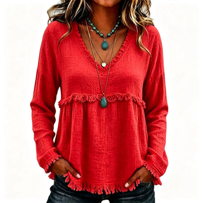 Women's Boho V Neck Long Sleeve Fringe Top Plus Size
