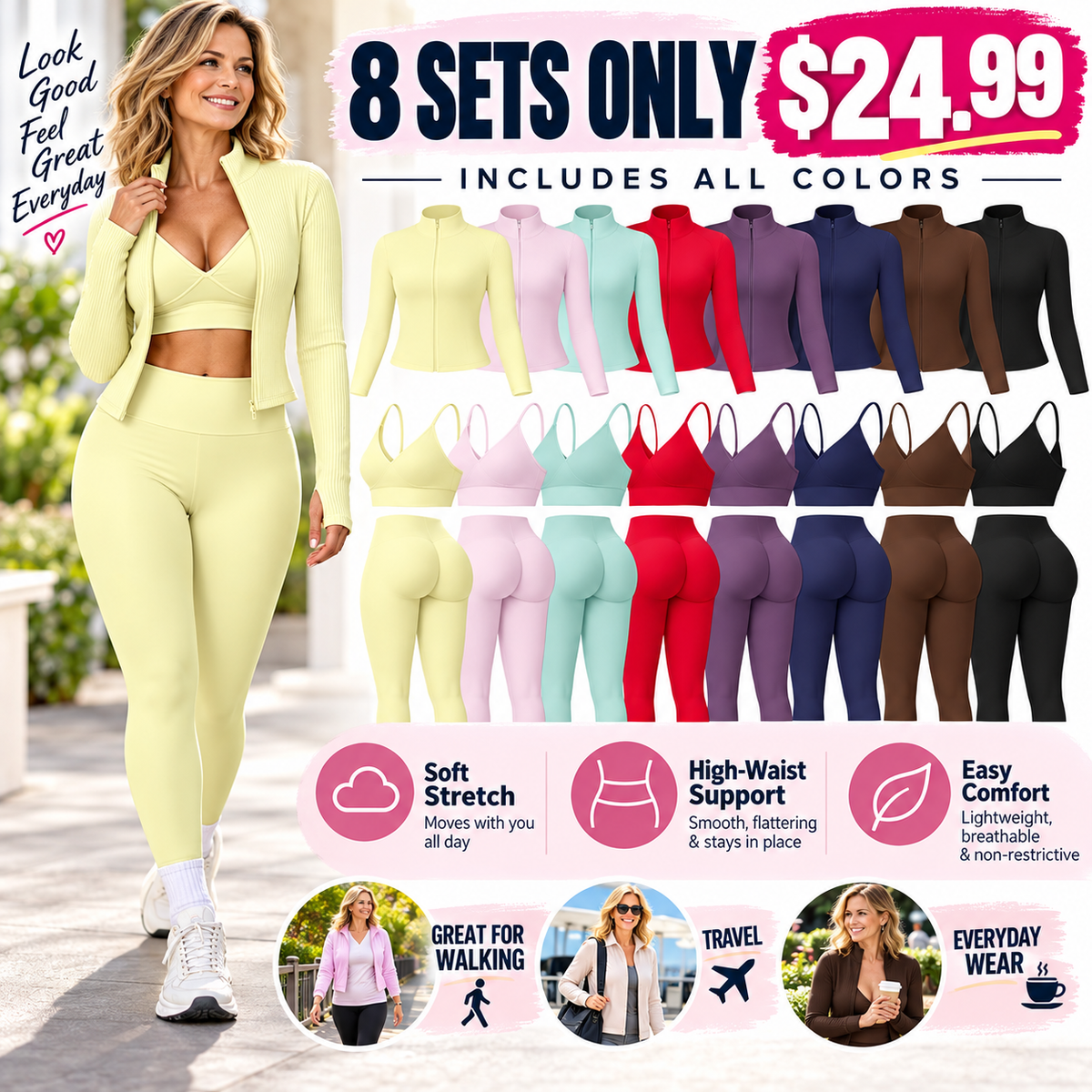 Women's tank top, high-waisted leggings, and zip-up jacket 3-piece sportswear set.