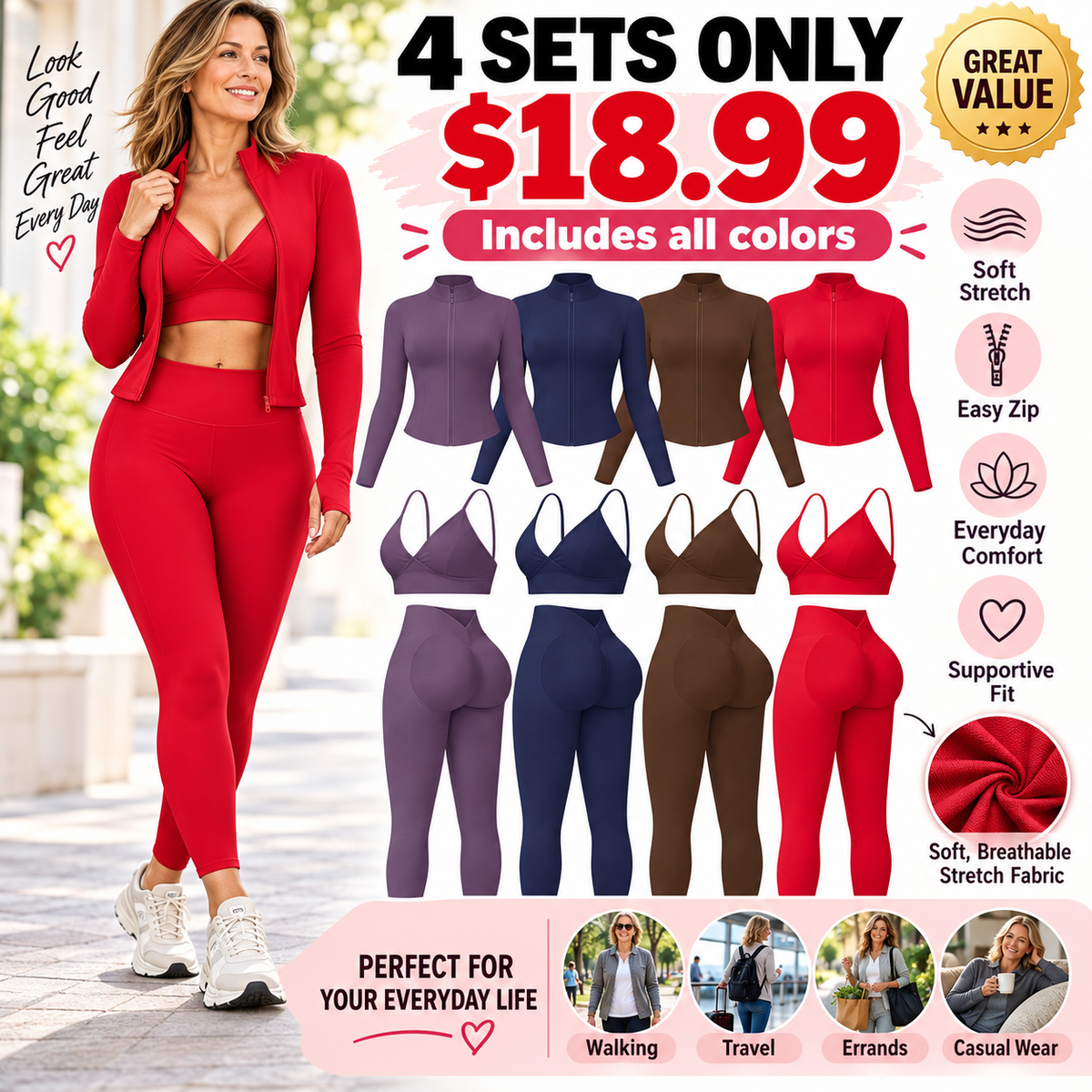 Women's tank top, high-waisted leggings, and zip-up jacket 3-piece sportswear set.