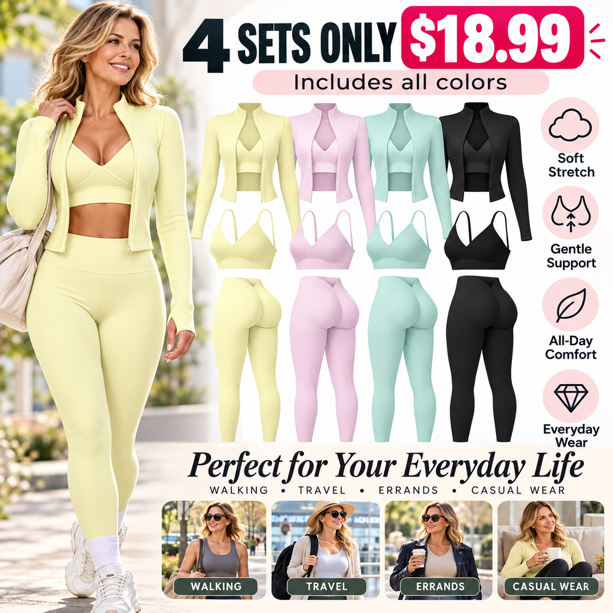 Women's tank top, high-waisted leggings, and zip-up jacket 3-piece sportswear set.